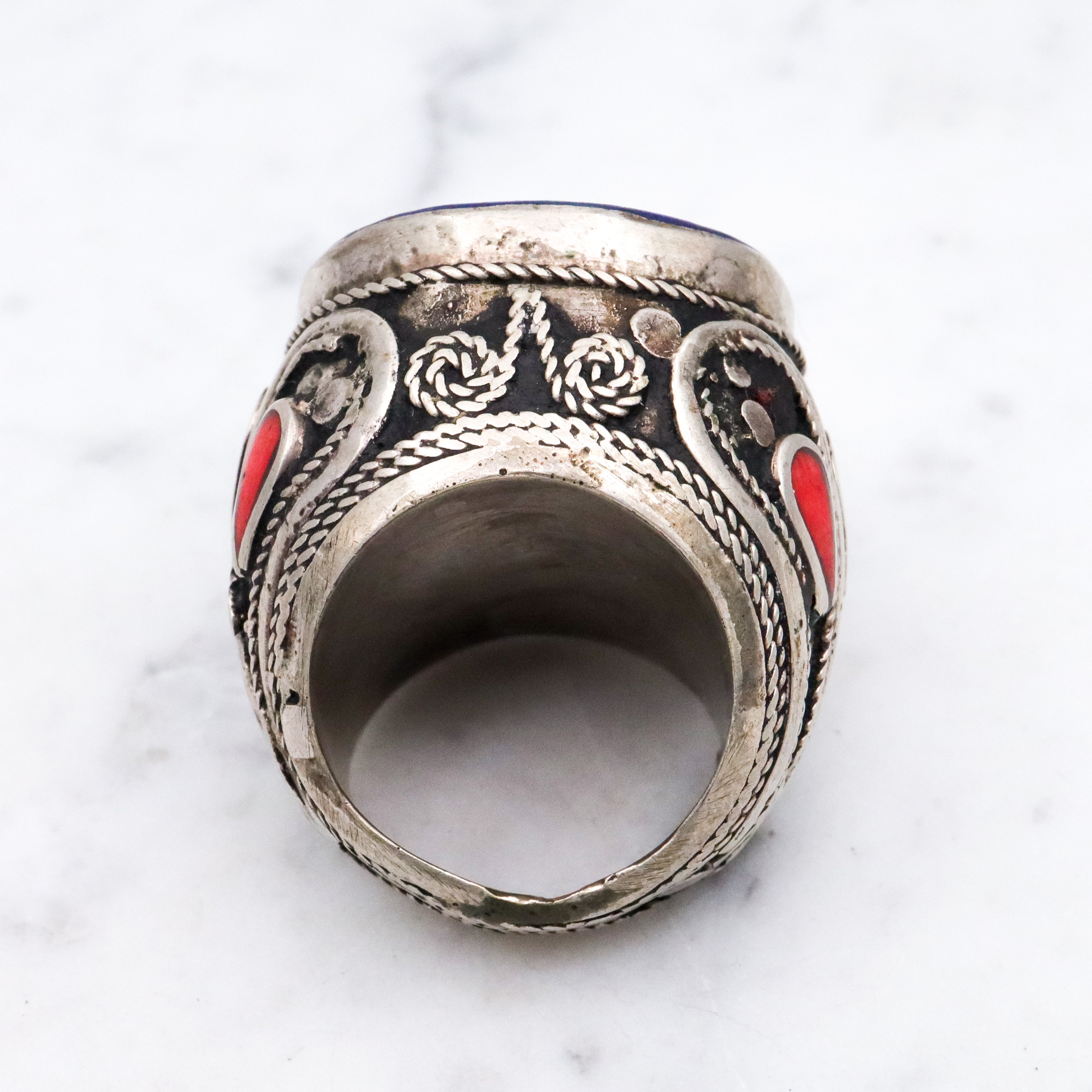 Vintage Afghan tribal silver lapis intaglio ring, size 5.5
